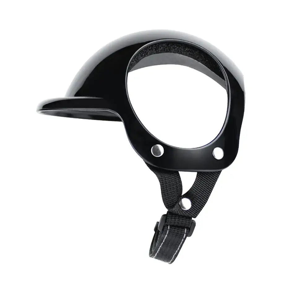 Dog and cat motorcycle helmet in black with adjustable strap, designed for pet safety during outdoor adventures.