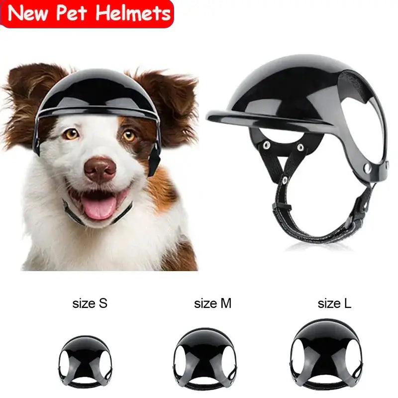 Dog wearing a stylish black pet motorcycle helmet with adjustable straps, showcasing available sizes S, M, and L.