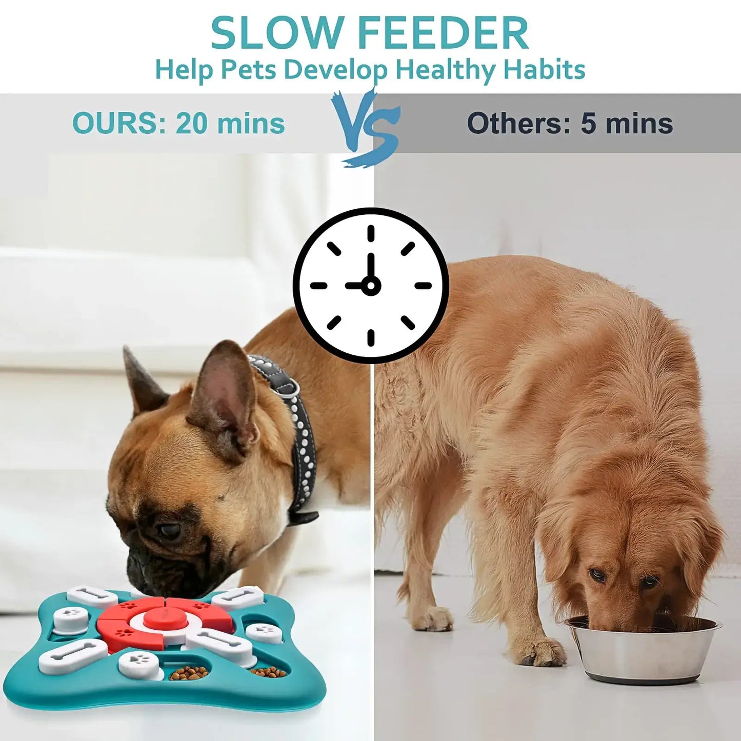 Two dogs using slow feeders, illustrating extended feeding time for healthy habits with the Interactive PuzzlePup dog toy.