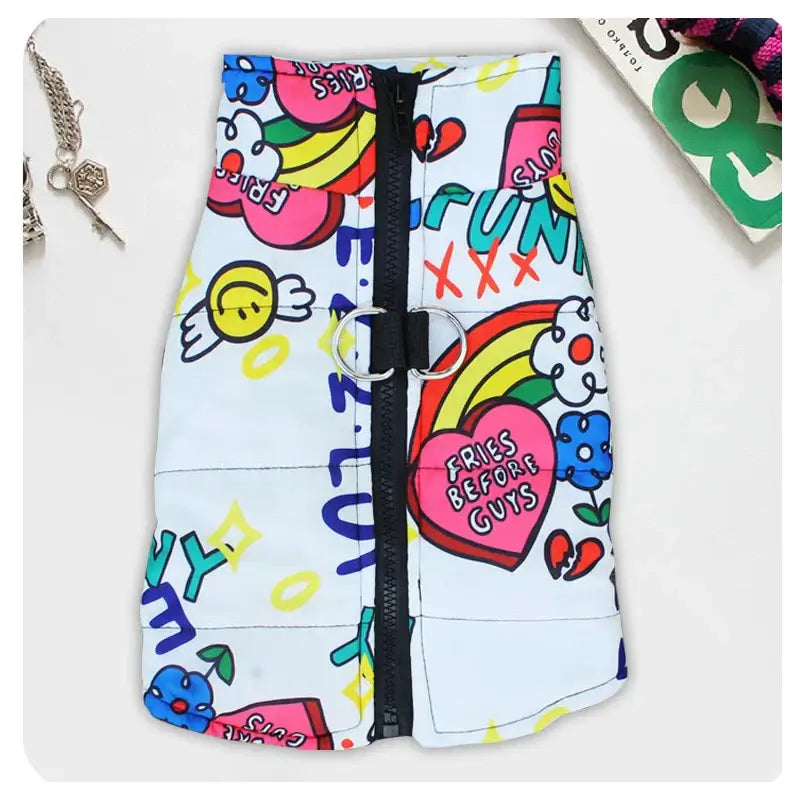 Colorful dog vest with rainbow and heart patterns, featuring a front zipper and ring for leash attachment.