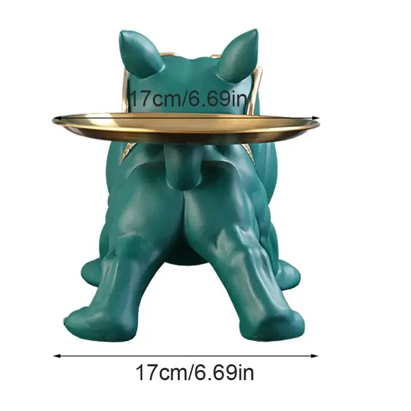 Bulldog resin statue storage box with tray, 17cm height, teal color, ideal for home decor and organization.
