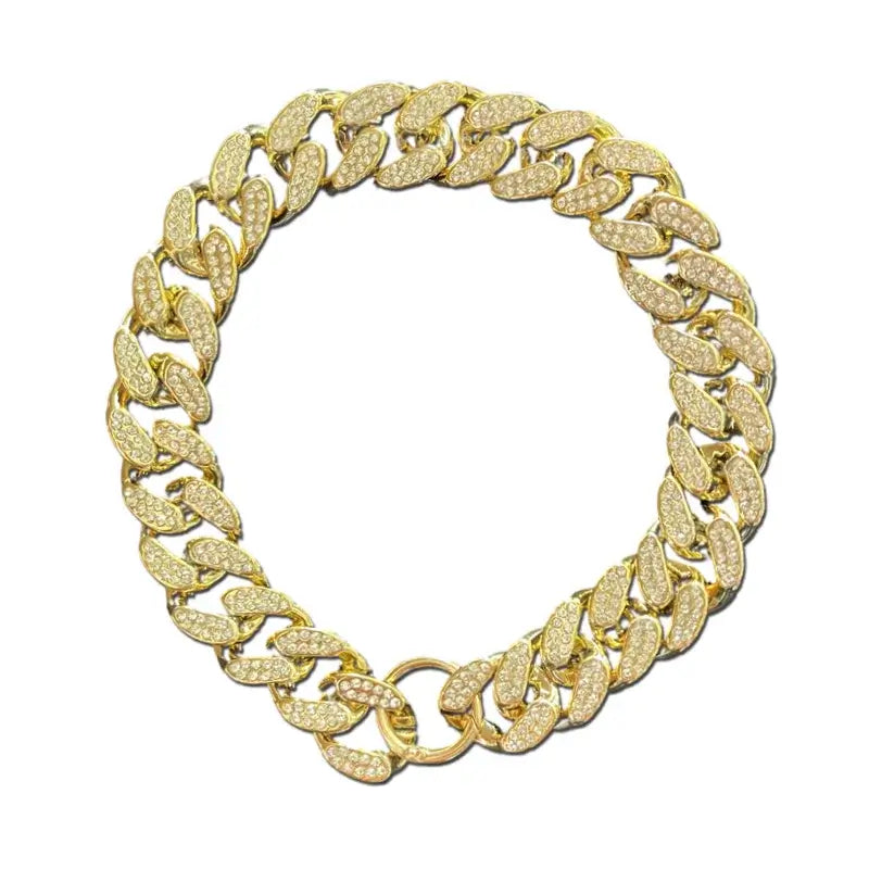 Golden jeweled dog collar chain with diamond inlay, lightweight and durable luxury pet accessory.