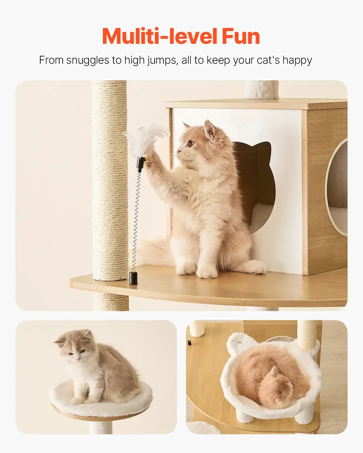 Multi-level cat tower with playful kittens enjoying climbing and lounging for large cats.
