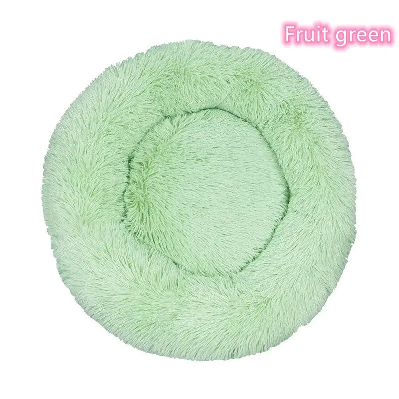 Fruit green plush round bed for cats and small dogs, ideal for cozy naps and anxiety relief.