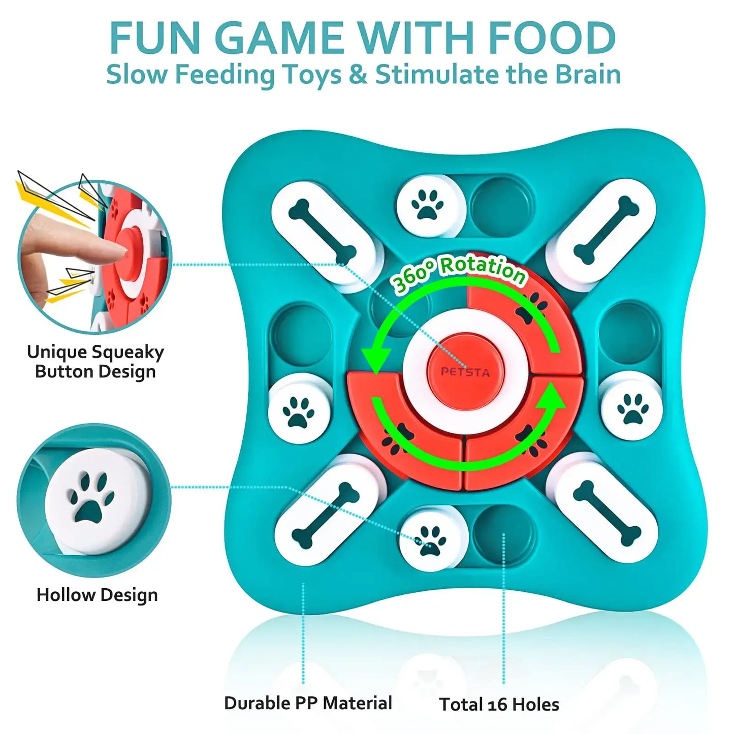 Interactive dog toy with rotating design and squeaky button for mental stimulation and slow feeding.