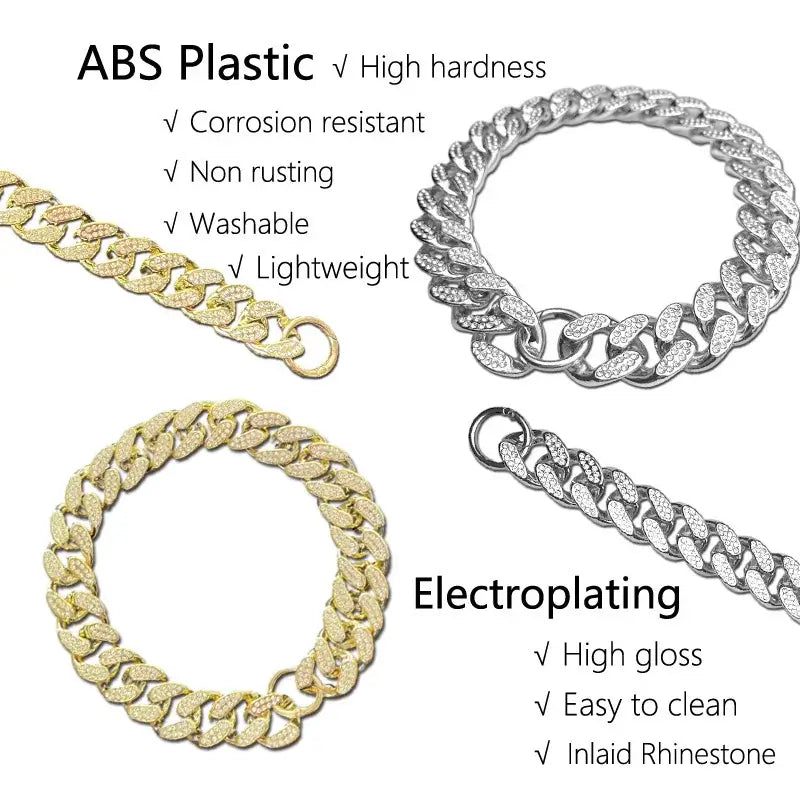 ABS plastic and electroplated dog collar chains highlighting durability, lightweight, and inlaid rhinestones for luxury pet accessories.