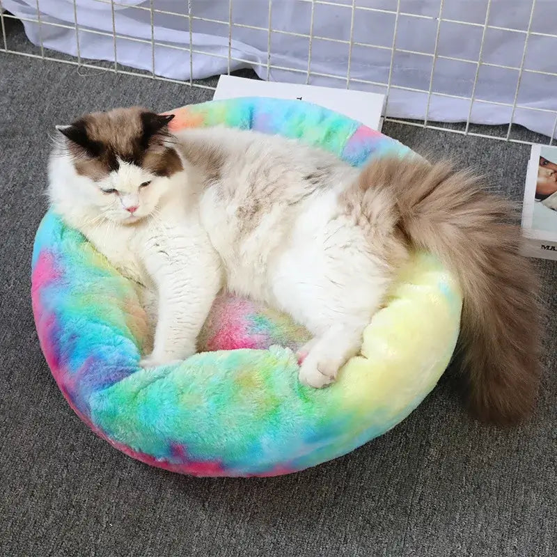 Cozy plush cat bed with a fluffy rainbow design, perfect for small dogs and cats seeking comfort and anxiety relief.