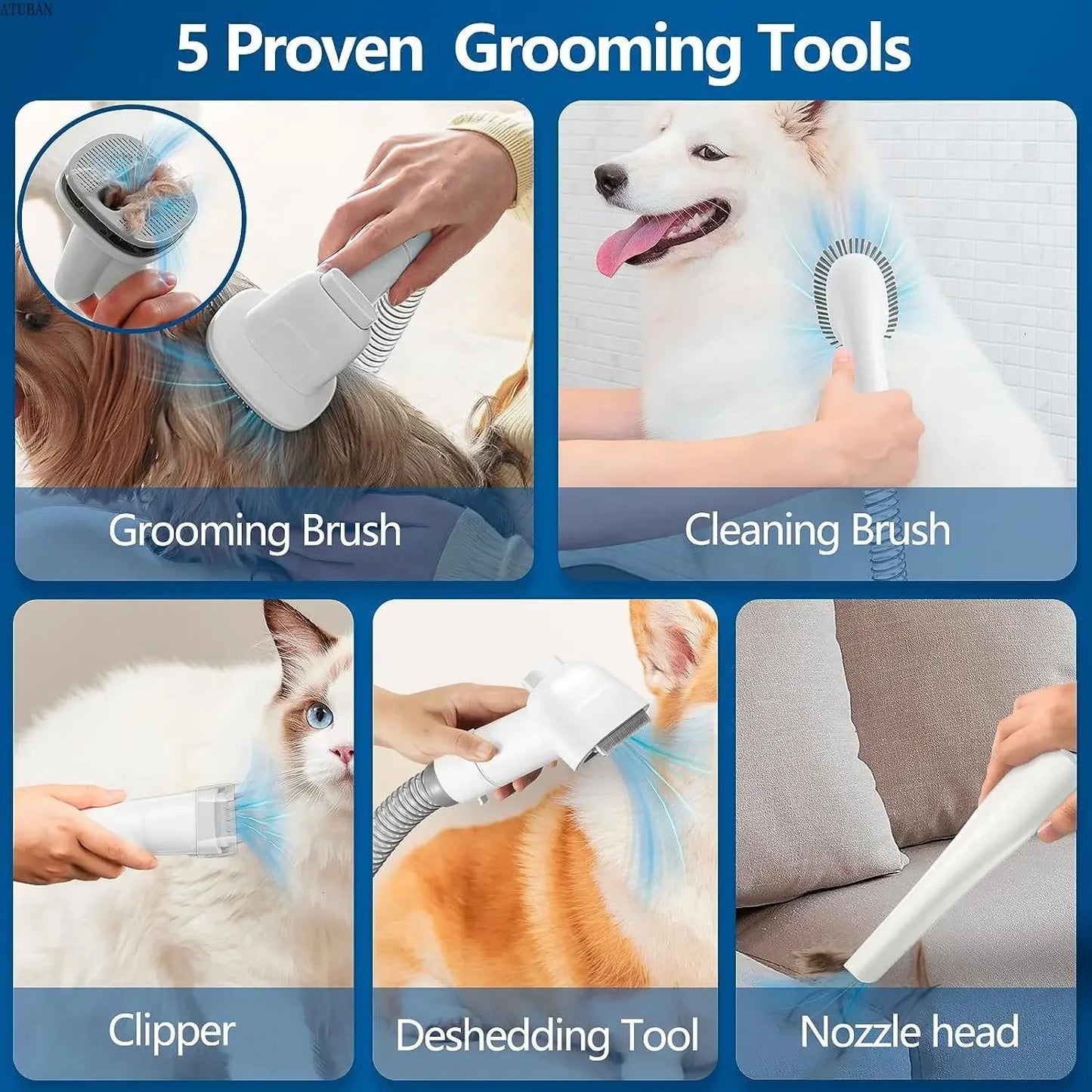 Collage of 5 grooming tools: grooming brush, cleaning brush, clipper, deshedding tool, and nozzle head for pets.