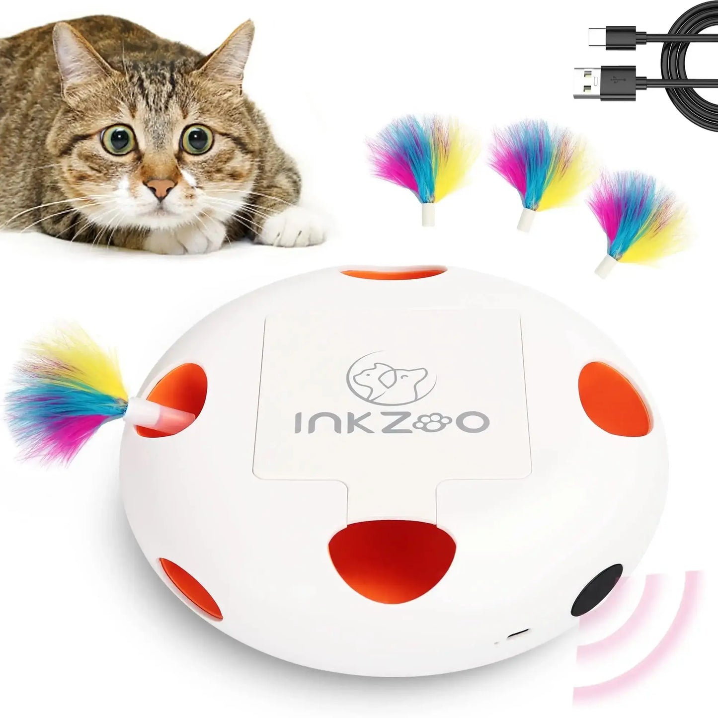 INKZOO Whack-A-Mole Cat Toy with colorful feathers, designed for interactive play and hunting instincts in cats.