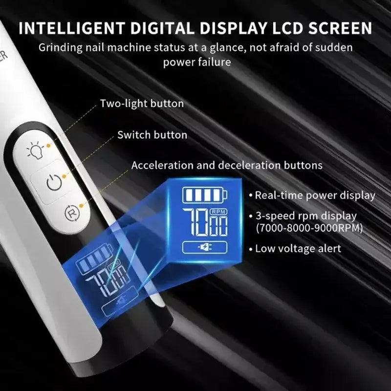 Close-up of SilentGlow dog and cat nail grinder showing intelligent digital display, buttons, and real-time power details.