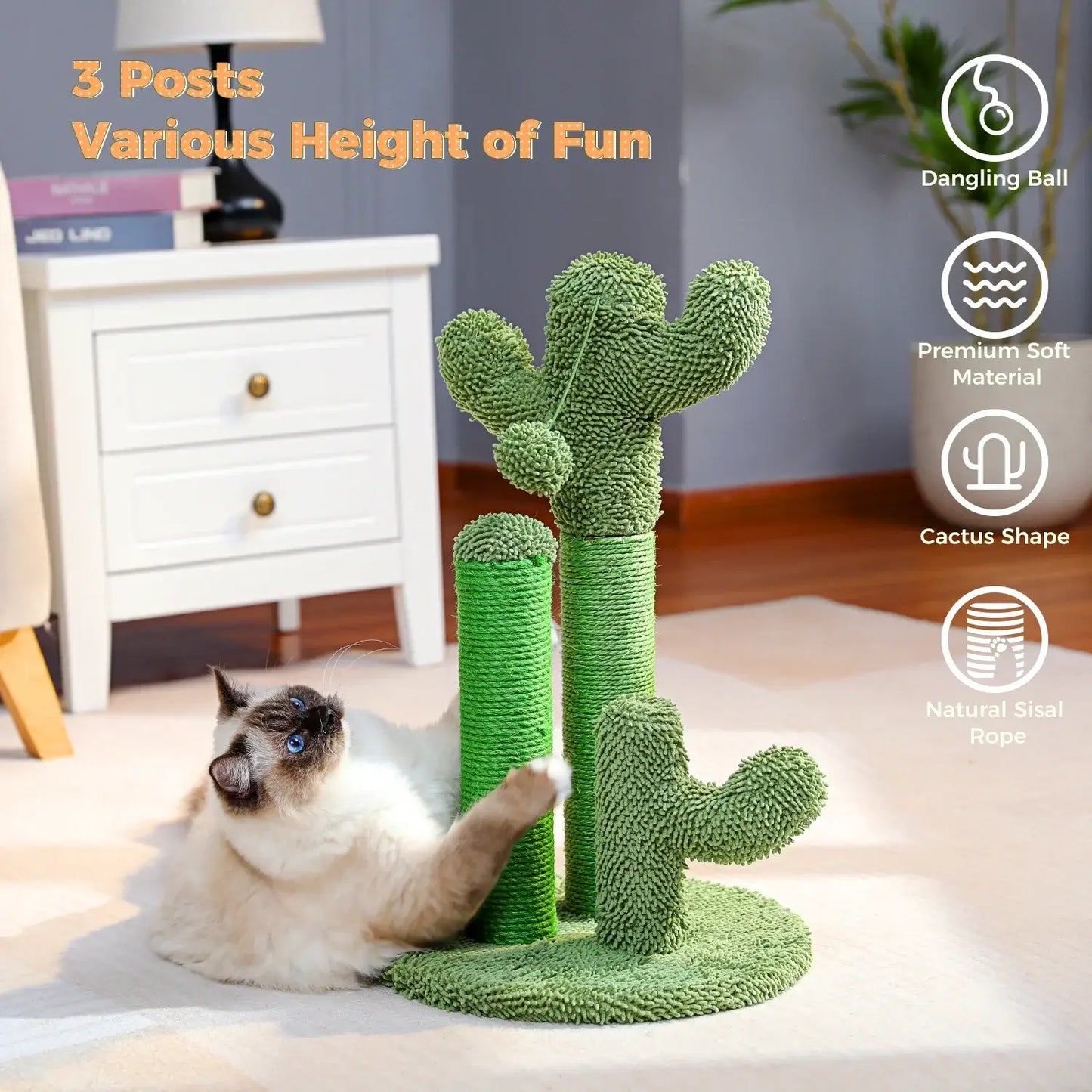 Cactus Cat Scratching Post-KittyCacti with three sisal-wrapped posts and a dangling ball for playful felines.