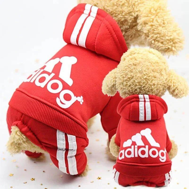 Adidog dog clothes in red hoodies for small and medium dogs, showcasing stylish pet apparel for winter.