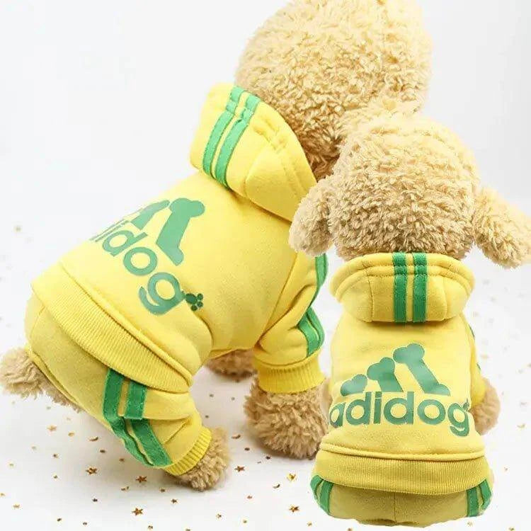 Adidog dog hoodies for small and medium dogs in yellow, featuring a stylish design perfect for autumn and winter wear.