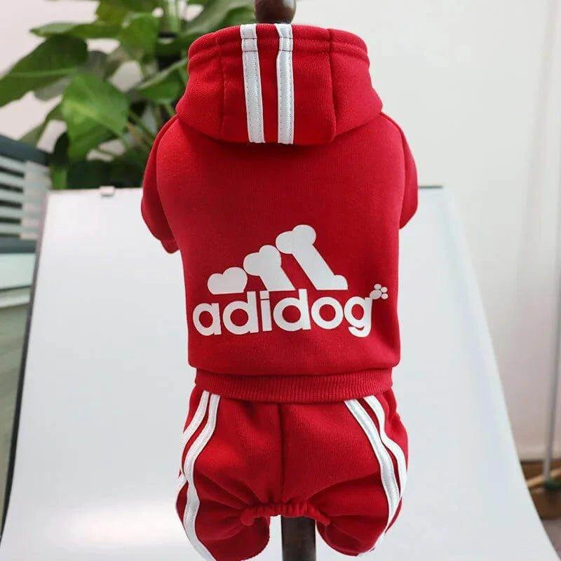 Adidog warm hoodie for small to medium dogs, stylish red dog sweatshirt with logo, perfect for autumn and winter wear.