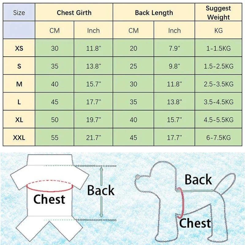 Size chart for Adidog dog clothing showing chest girth, back length, and suggested weight for small to XXL dog sizes.