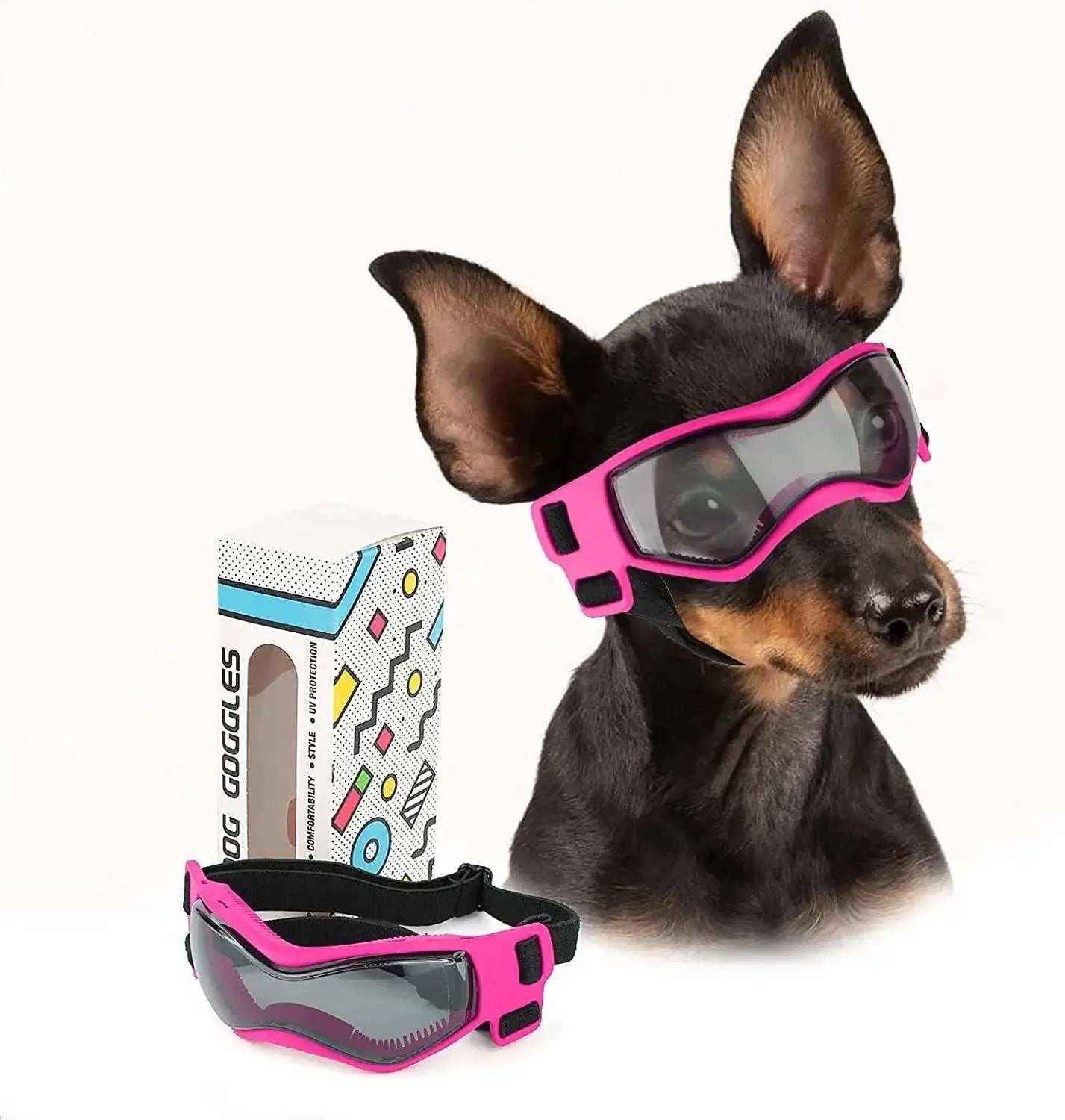Chic and comfy dog goggles in pink for UV protection and outdoor adventures, displayed on a dog.
