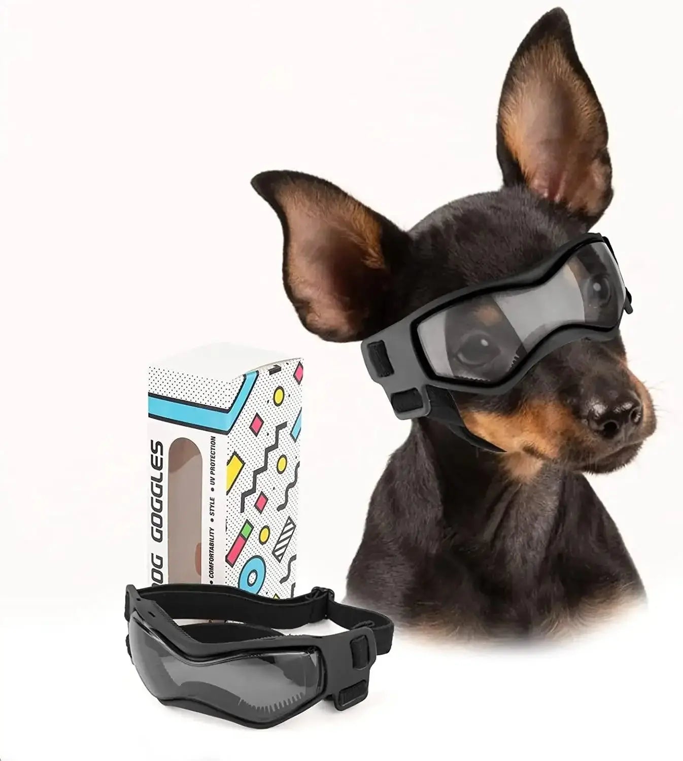 Stylish dog wearing BarkGlas UV protective goggles next to packaging, perfect for outdoor adventures.