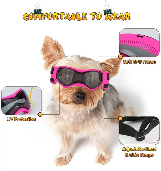 Chic dog goggles with UV protection, soft TPU frame, and adjustable straps for comfy outdoor adventures.