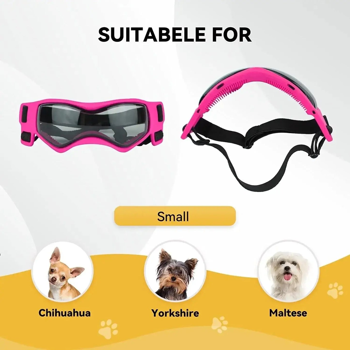BarkGlas dog goggles in pink, suitable for small breeds like Chihuahua, Yorkshire, and Maltese, offering UV protection.
