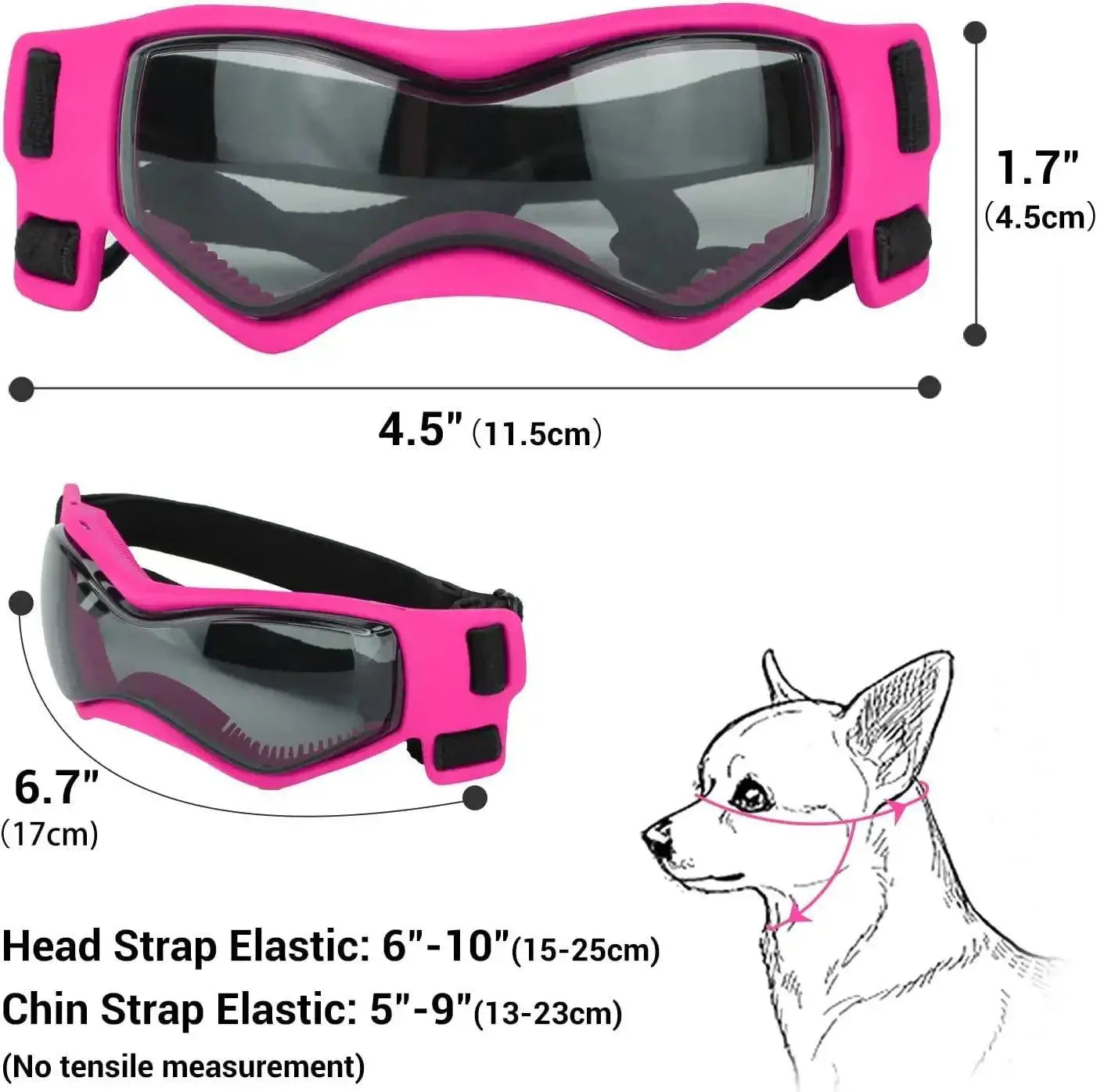 BarkGlas dog goggles in pink with dimensions, featuring UV protection and comfy fit for outdoor pet adventures.