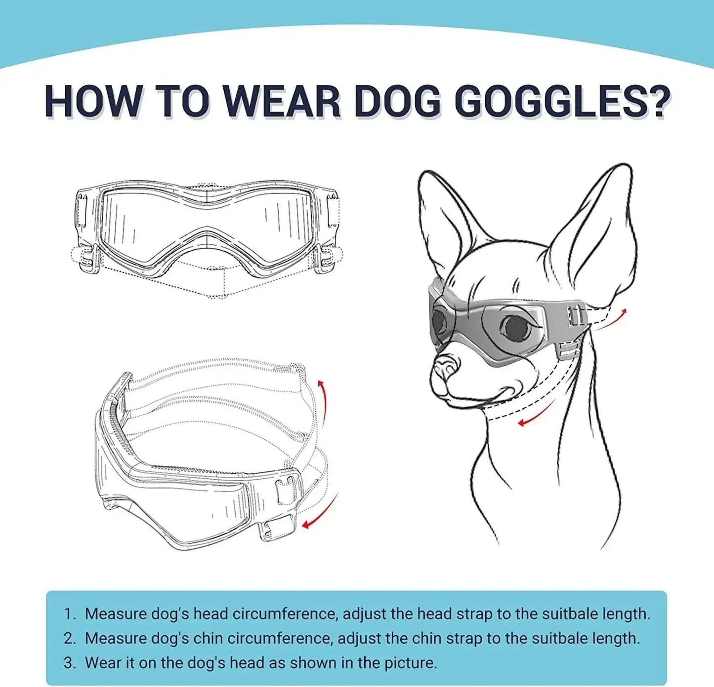 Instructions on how to properly fit dog goggles for optimal comfort and eye protection.