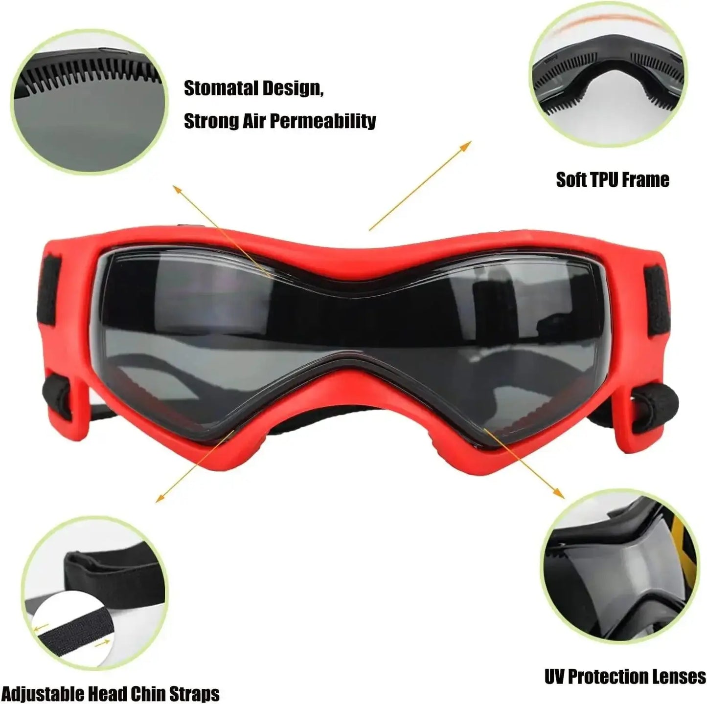 Chic red BarkGlas dog goggles featuring soft TPU frame, UV protection lenses, and adjustable chin straps for outdoor adventures.