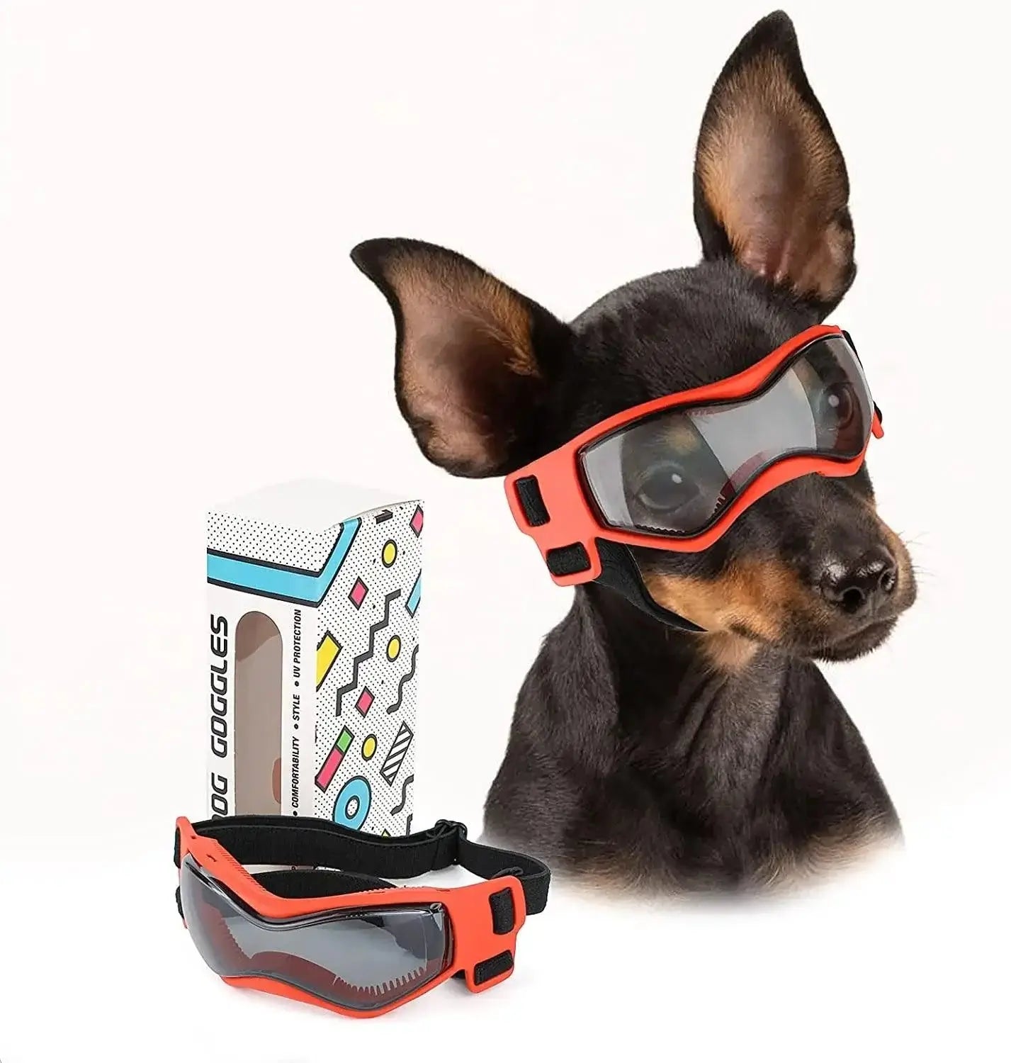 Chic BarkGlas dog goggles with UV protection, perfect for adventure and travel, on a stylish dog model.