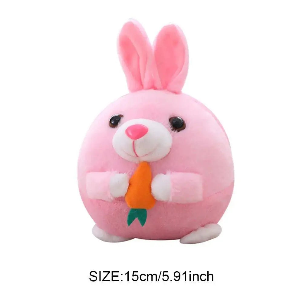 BounceBuddies plush toy in pink rabbit shape holding a carrot, soft and durable pet toy for interactive play.