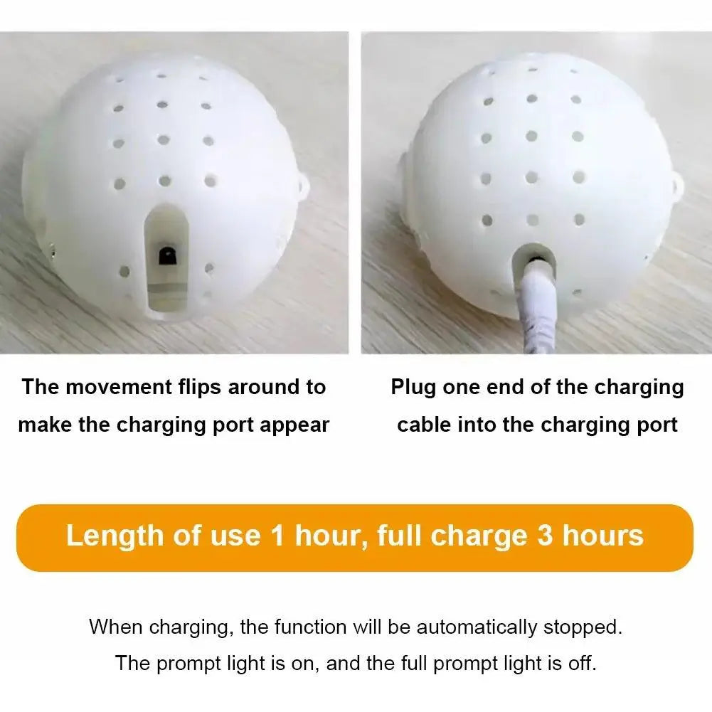 Charging guide for interactive pet toy, showing charging port and cable connection, with usage time details.