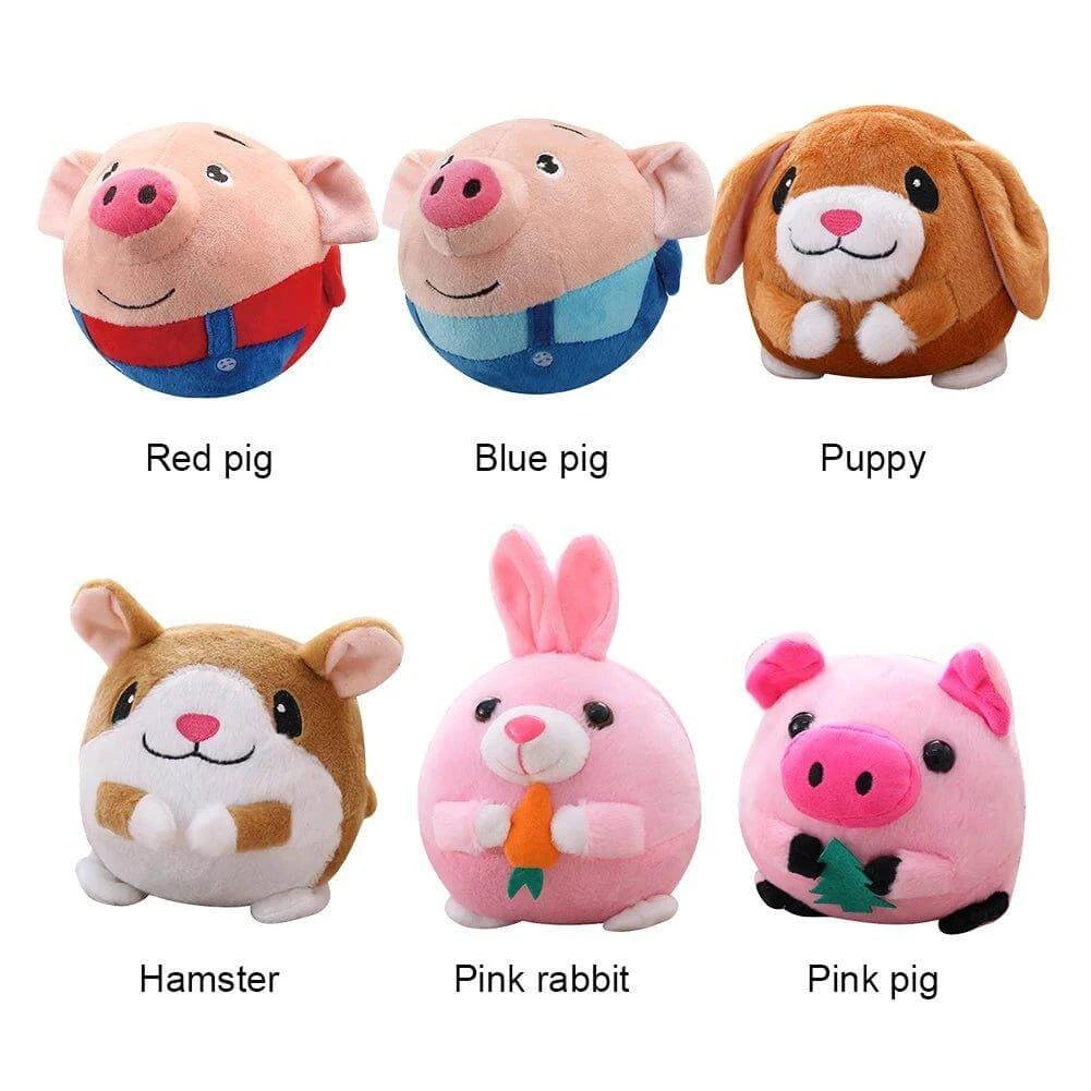 Colorful plush animal toys featuring a red pig, blue pig, puppy, hamster, pink rabbit, and pink pig.