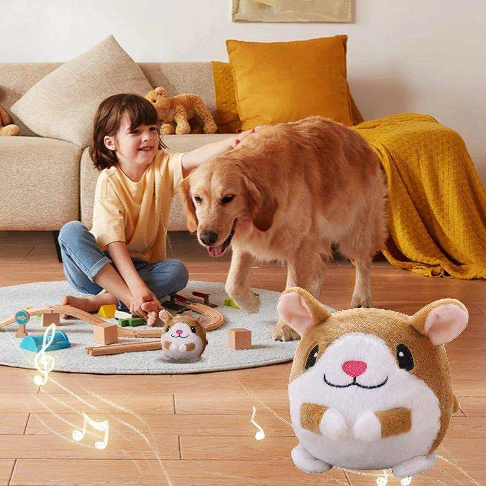 Child playing with a dog beside a BounceBuddies plush toy, showcasing fun and engagement for pets.