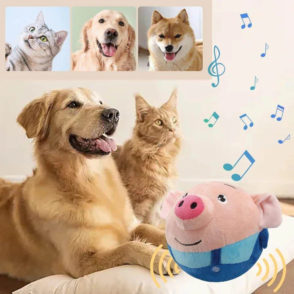 Golden retriever and cat enjoying playtime with a BounceBuddies plush toy that makes sounds.