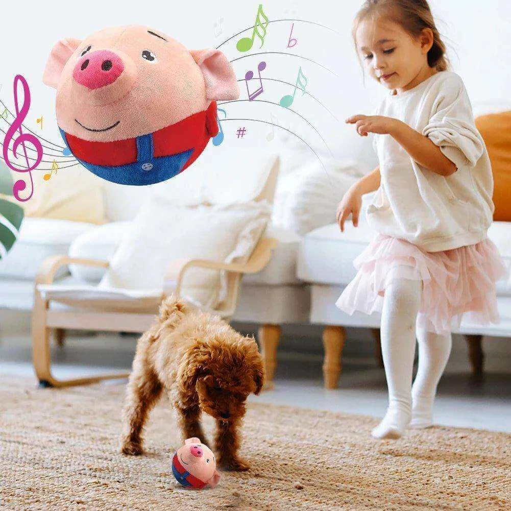 A child playing with a dog and a colorful plush toy, engaging in interactive fun with music notes in the background.