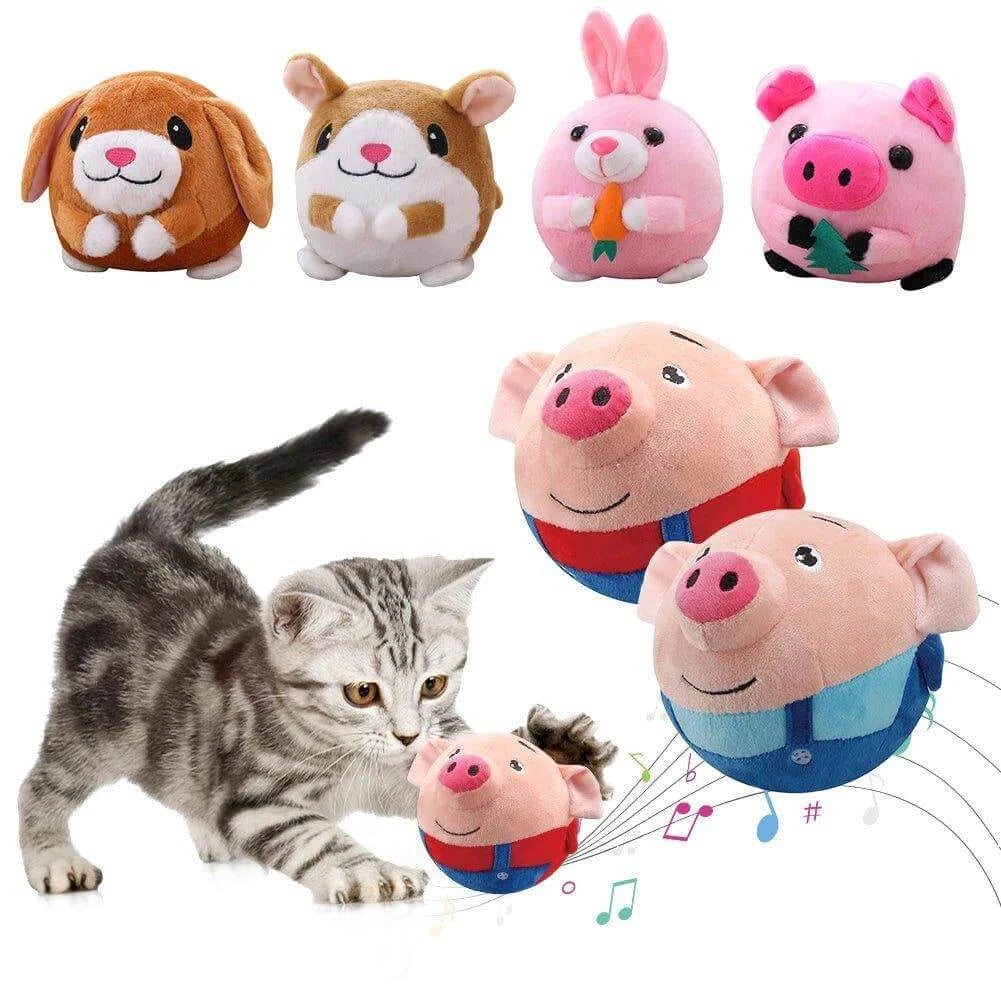 Kitten playing with colorful interactive plush toy animals, including a dog, pig, and rabbit for fun pet engagement.