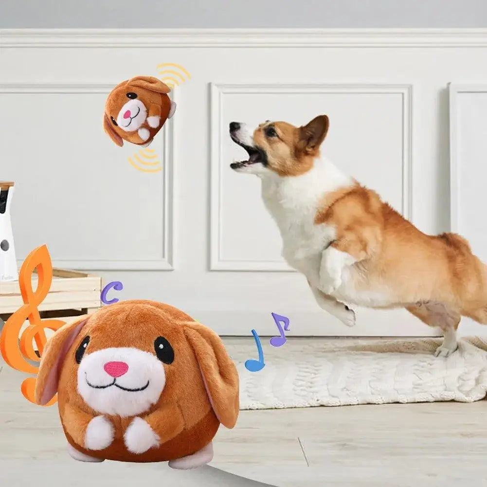 Corgi jumping to catch a bouncing BounceBuddies plush dog toy in a lively indoor setting.