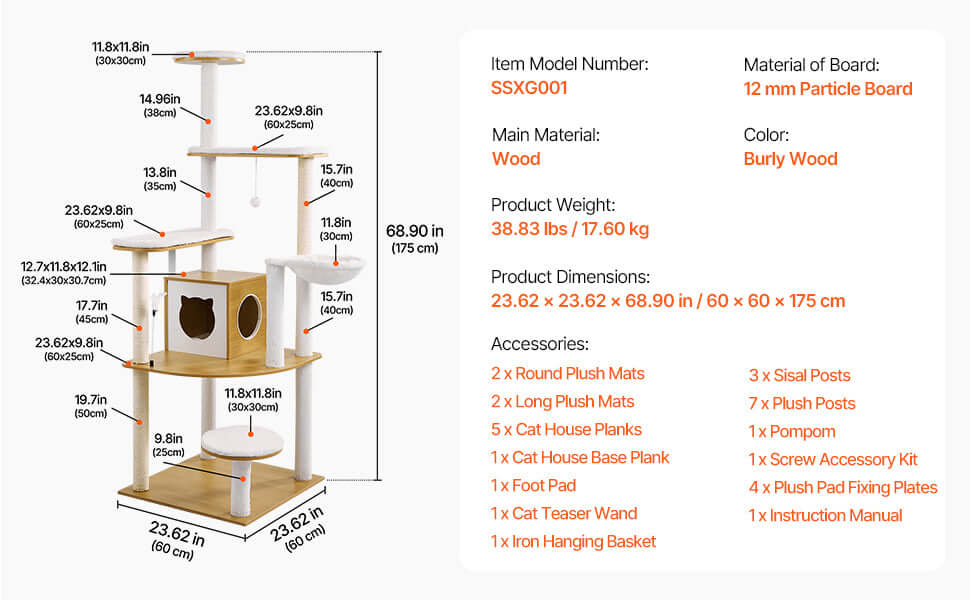 TowerJoy Cat Tower dimensions and materials info on a layout with accessories included.