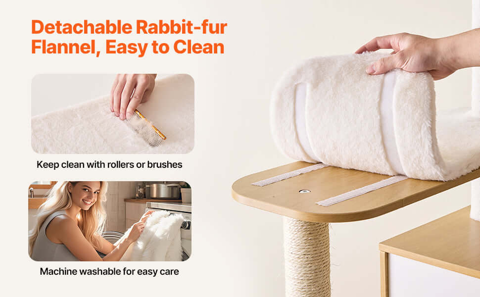 Detachable rabbit-fur flannel on cat tower, easy to clean and machine washable for simple maintenance.