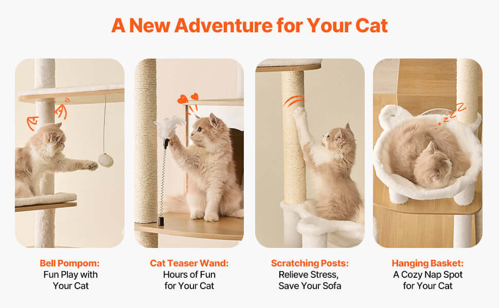 Four features of TowerJoy Cat Tower: bell pompom, cat teaser wand, scratching posts, and hanging basket for cats.