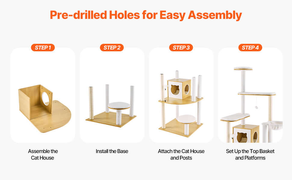 Assembly steps for TowerJoy Cat Tower showing pre-drilled holes for easy setup.