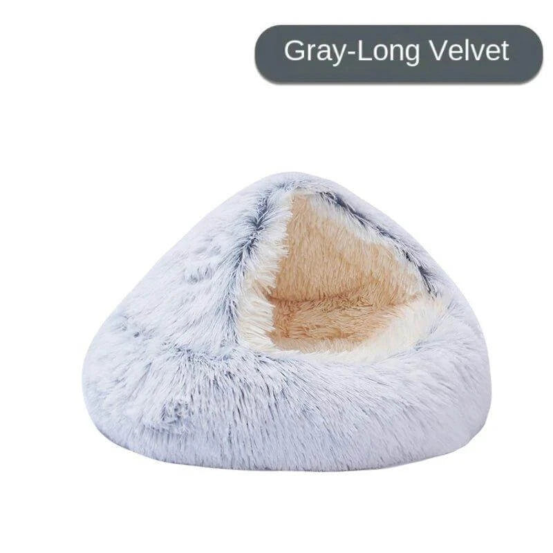 Gray long velvet CatNap pet bed, a cozy retreat for pets, crafted from soft plush material, ensuring ultimate comfort.