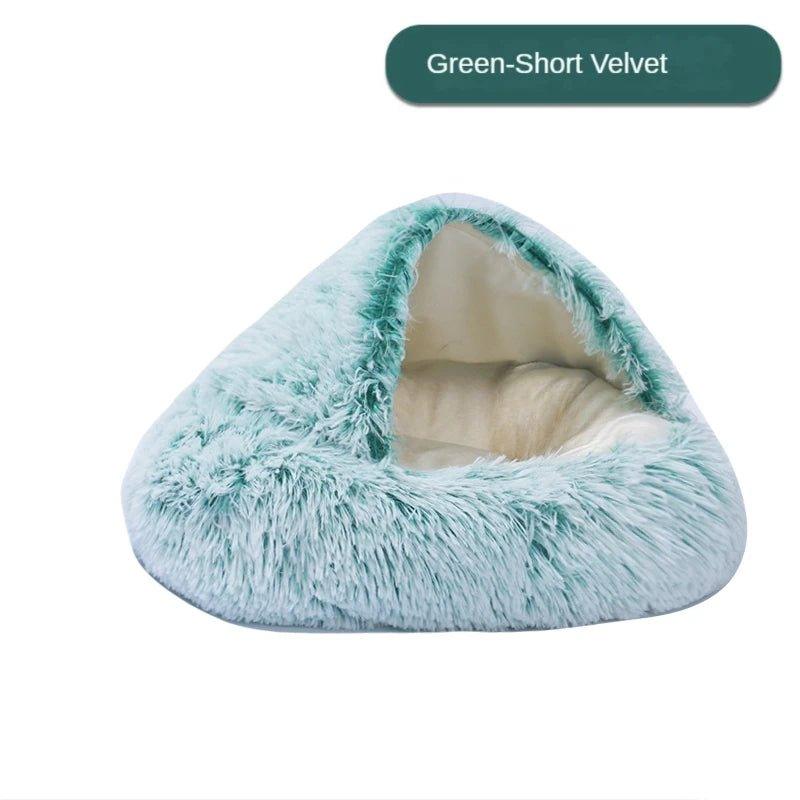 CatNap Pet Bed in green short velvet, offering cozy luxury and comfort for pets to relax and unwind.