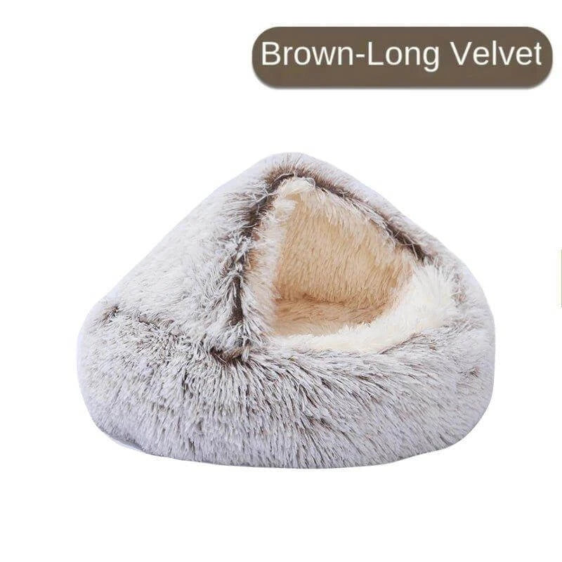Brown long velvet CatNap Pet Bed offering cozy retreat for pets with soft plush material.