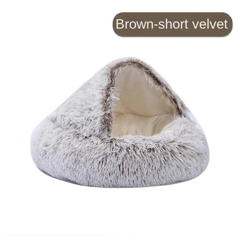 Brown short velvet CatNap Pet Bed, providing a cozy, plush retreat for pets to relax and reduce anxiety.