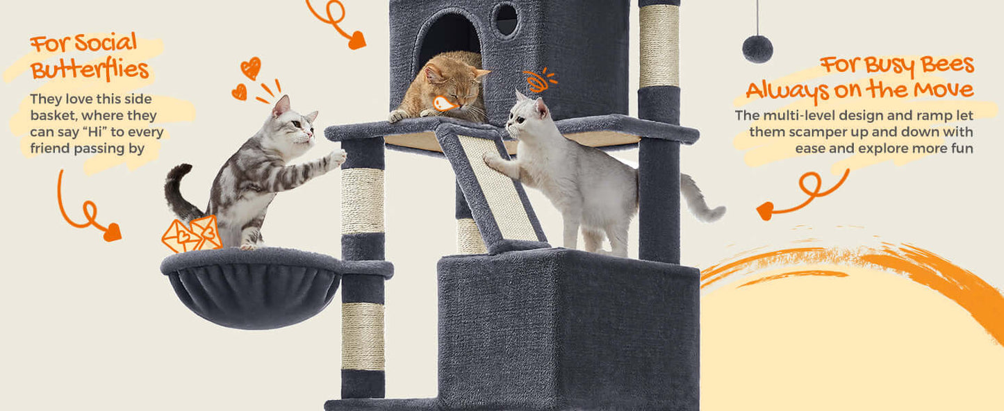Multi-level cat tree with three cats, showcasing a side basket and ramp for play and climbing.