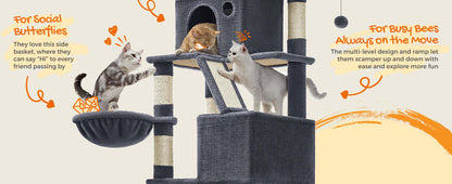 Multi-level cat tree with three cats, showcasing a side basket and ramp for play and climbing.