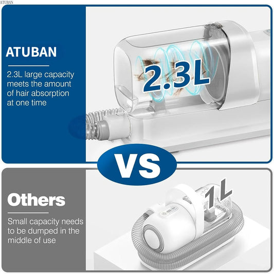 Comparison of ATUBAN 2.3L grooming vacuum vs others with a 1L capacity for better pet hair collection.