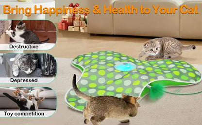 Interactive cat toy with squeaky mouse engaging playful cats on a colorful paw-shaped mat.