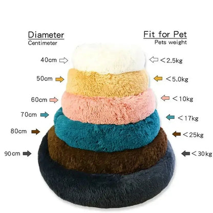 Size chart for FurEver Pet Bed, showing diameters and pet weight limits for each round plush dog and cat bed.