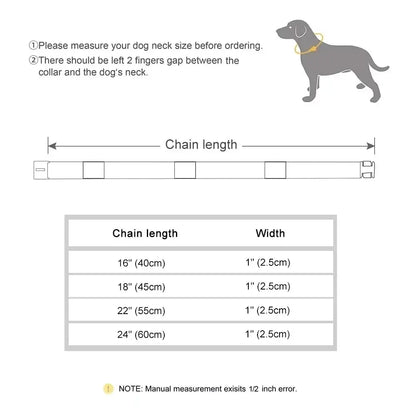 Measurement guide for dog collar size with chain length and width specifications for proper fit.