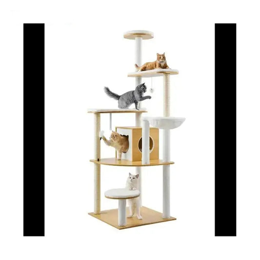 Cat Tower for large cats with multiple levels, featuring playful cats enjoying climbing, lounging, and scratching.